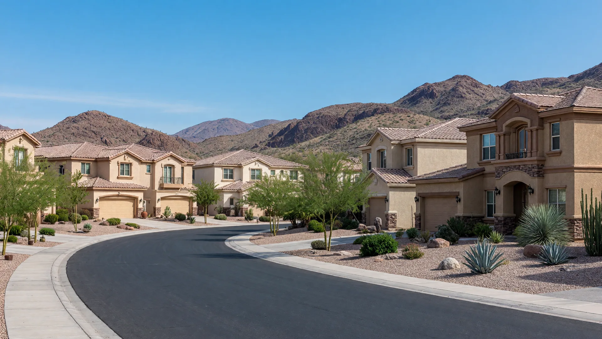Tree-lined street in an established Las Vegas desert neighborhood with a mix of single-story and two-story stucco homes and mountains in the distance