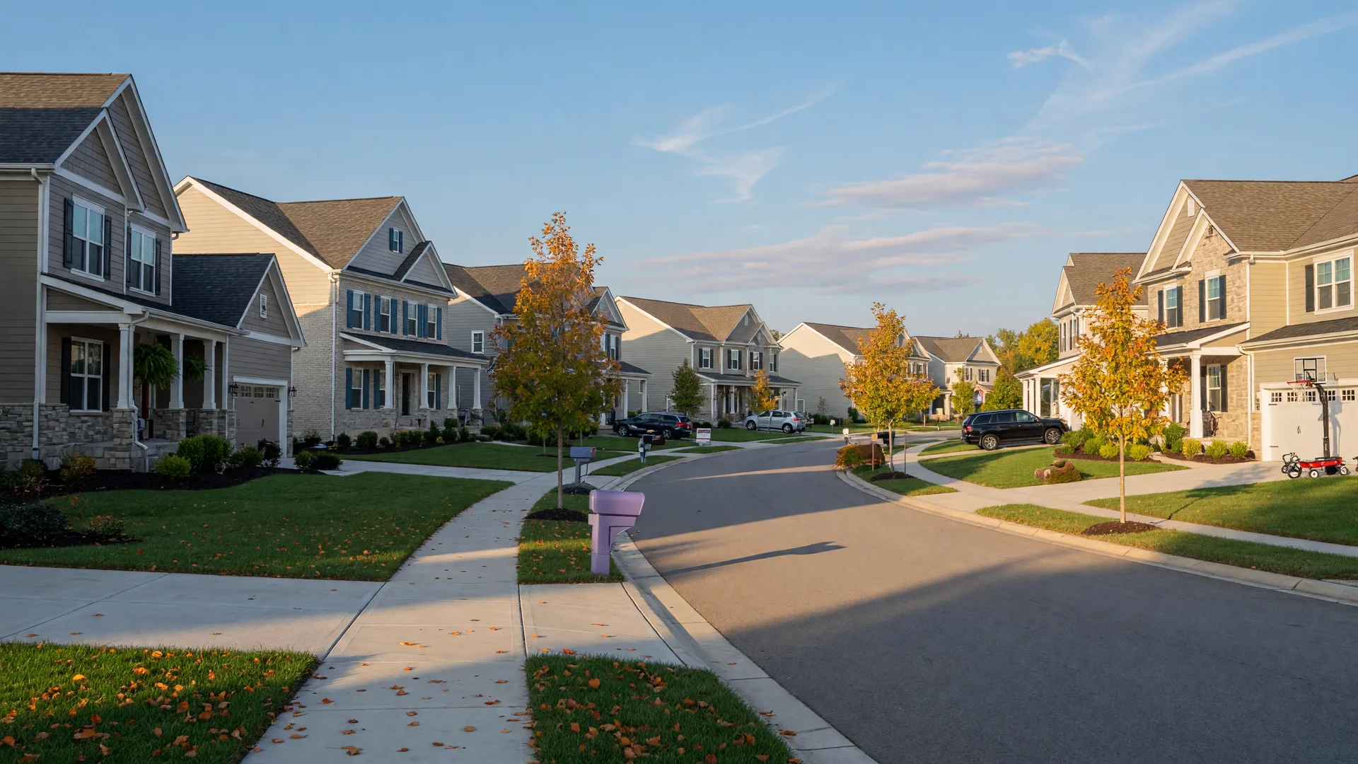 A newer suburban street in Avon, Ohio with craftsman and colonial homes, landscaped yards, and maples just turning orange and gold on a crisp late-September morning