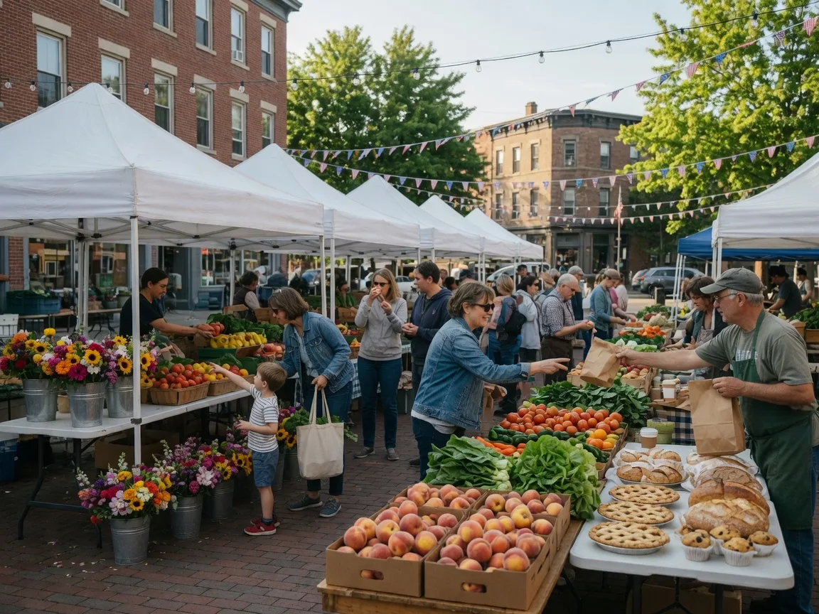 A Saturday farmers market in a small Pennsylvania borough plaza with white tents over produce, flowers, and baked goods
