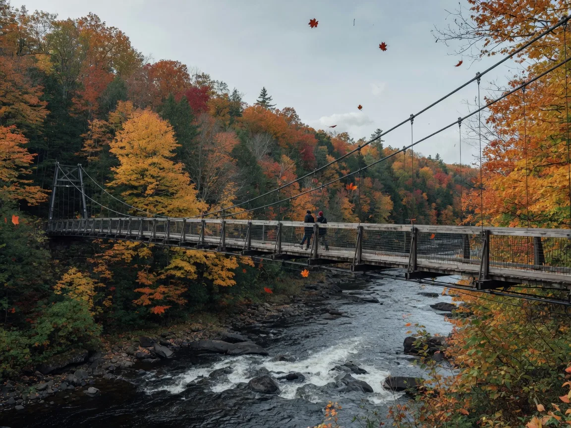 Suspension footbridge spanning a forested river gorge in late October with the Trent River running over rapids below and maples in gold and rust tones