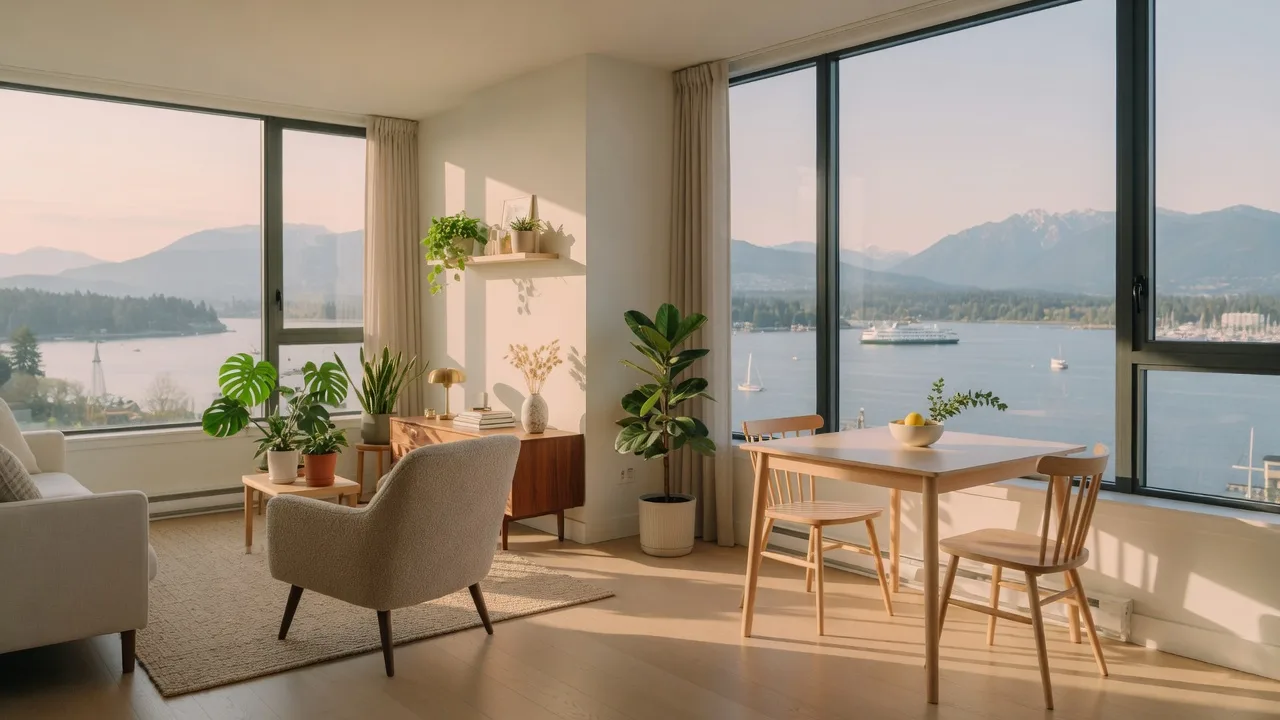 Bright modern condo living room in Victoria with floor-to-ceiling windows and harbour views