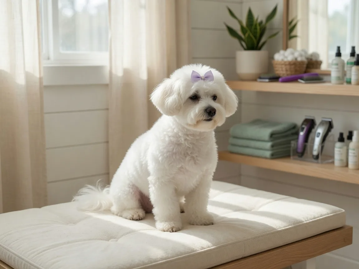 A freshly groomed fluffy small dog sitting calmly on a grooming table in a clean, sunlit pet salon in Imperial Beach