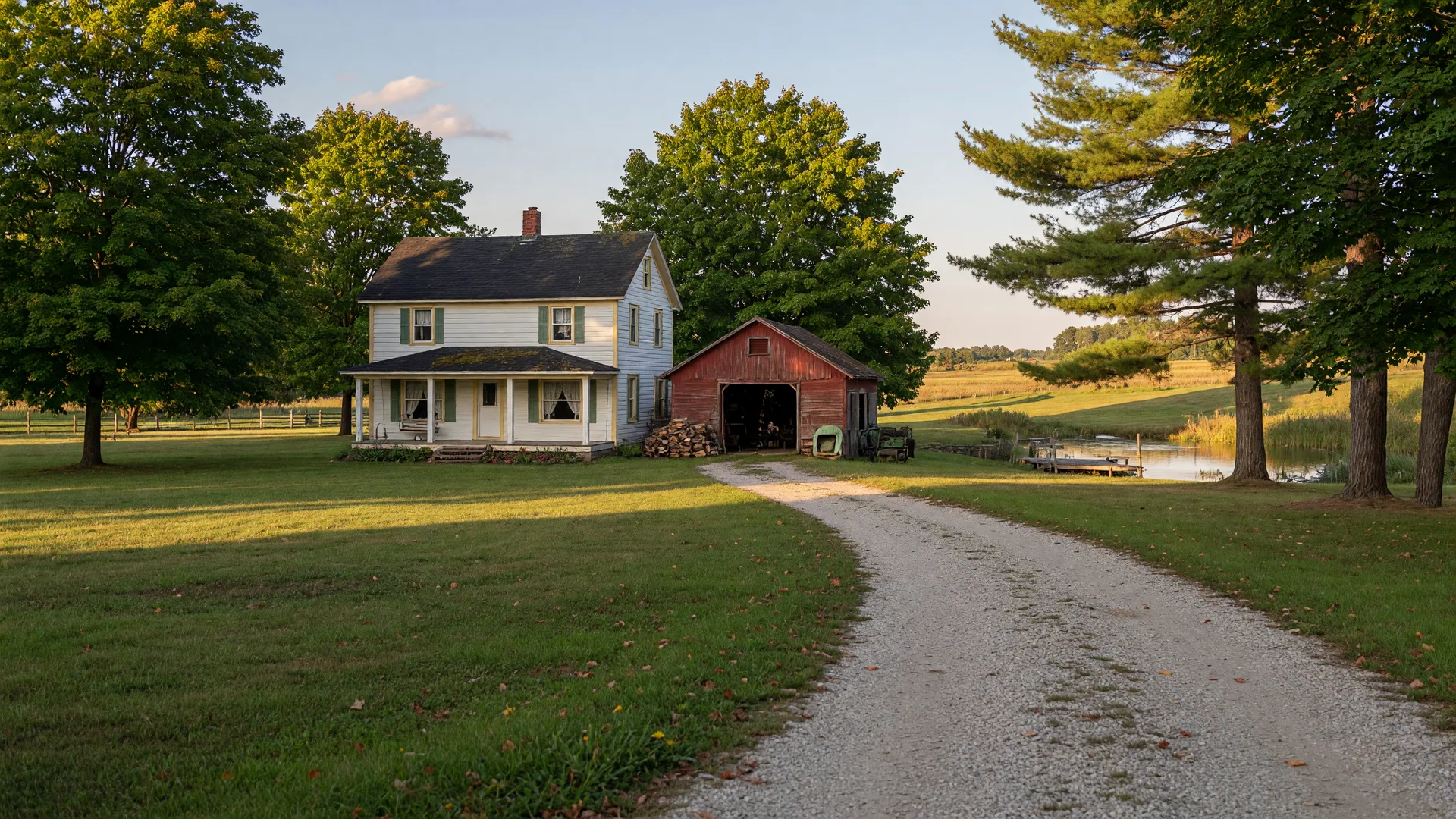 Rural country property in Durham Region with a charming farmhouse, green lawn, and mature trees in late summer afternoon light