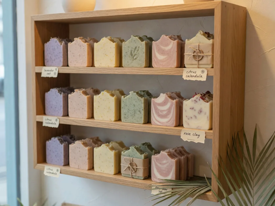 Wooden shelf in Naples Soap Company lined with handmade artisan soap bars in pastel colors and kraft paper wraps