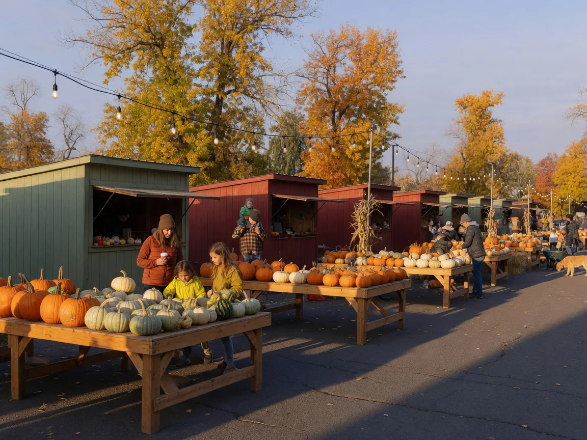 Illustrative image of a small-town autumn harvest festival with vendor booths of pumpkins and squash under warm string lights