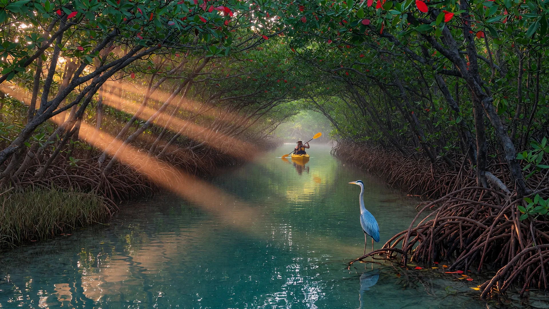A lone kayaker gliding through a calm mangrove tunnel in Key Largo, Florida Keys, in soft early morning light, shafts of golden sun breaking through the mangrove canopy onto mirror-flat turquoise water