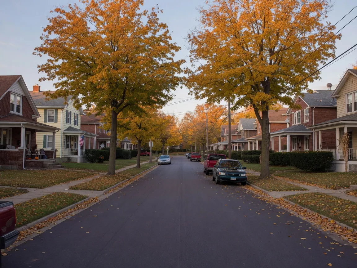 A residential street in Peoria in late October, maple trees in full gold and amber above tidy midwestern houses