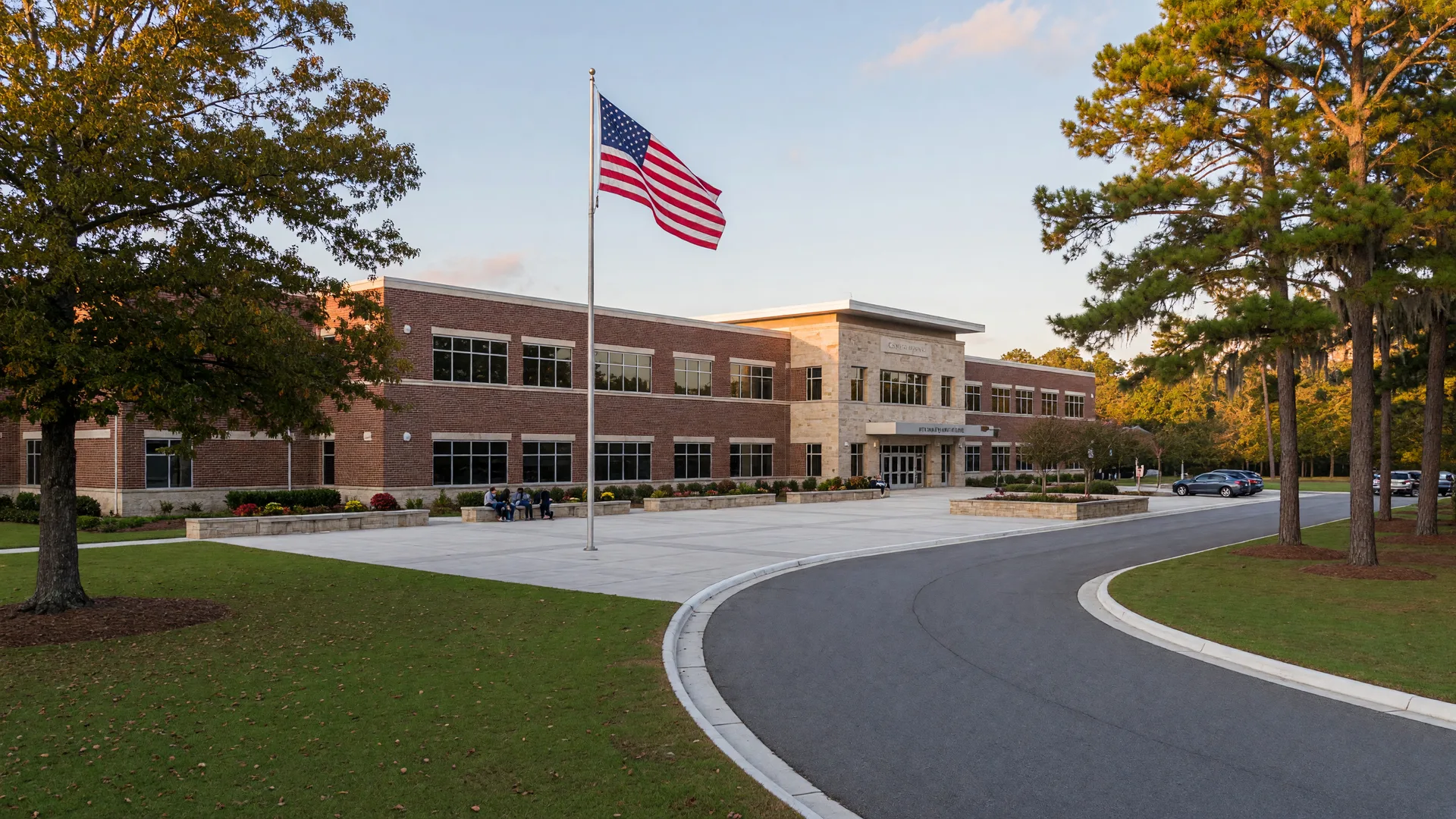 Modern suburban public high school campus in Fayette County, Georgia with a two-story brick and stone building, flagpole, green lawns, and mature southern pines