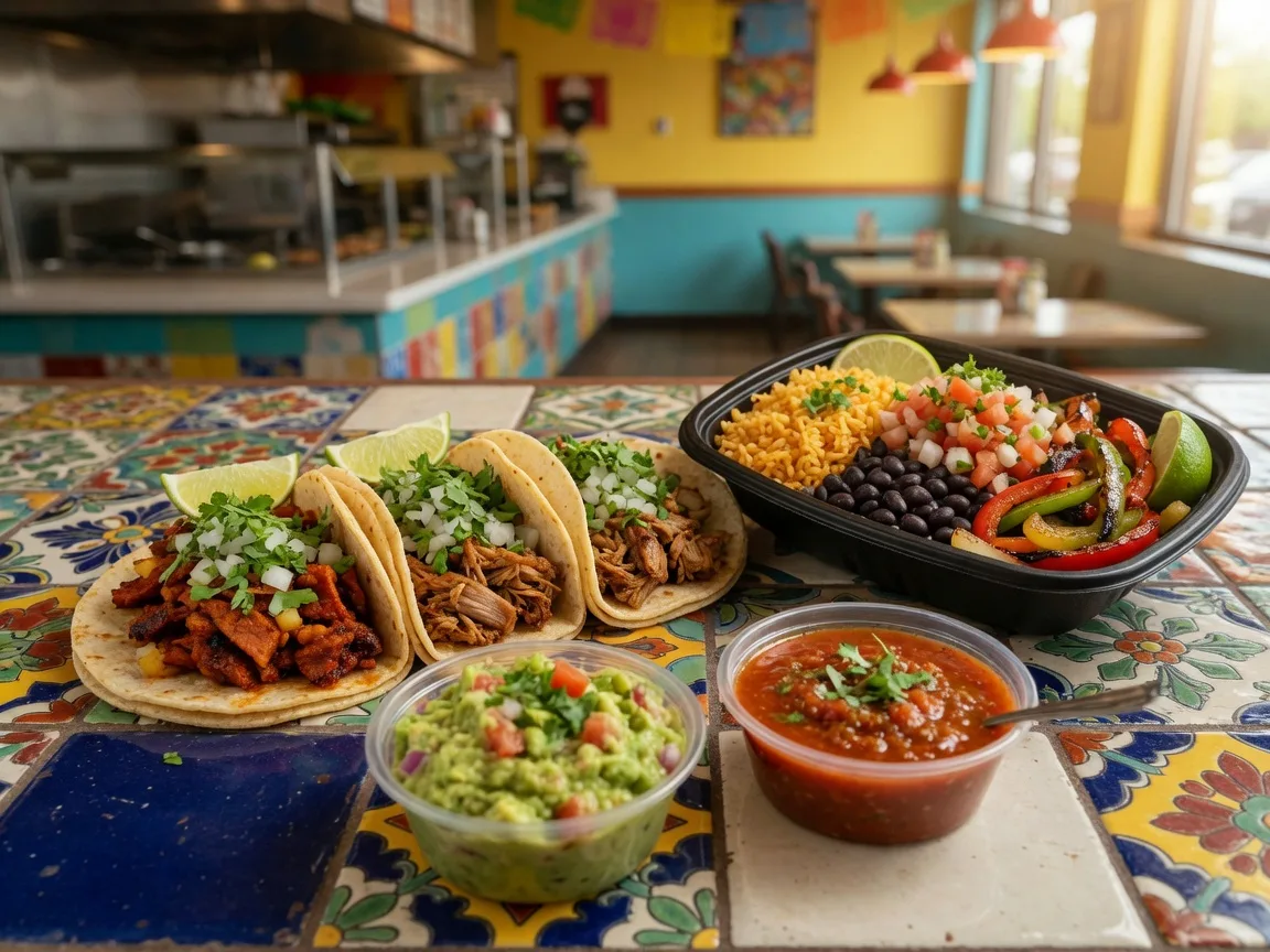 Al pastor and carnitas street tacos with cilantro and onion, a burrito bowl, guacamole, and salsa at a modern Mexican grill