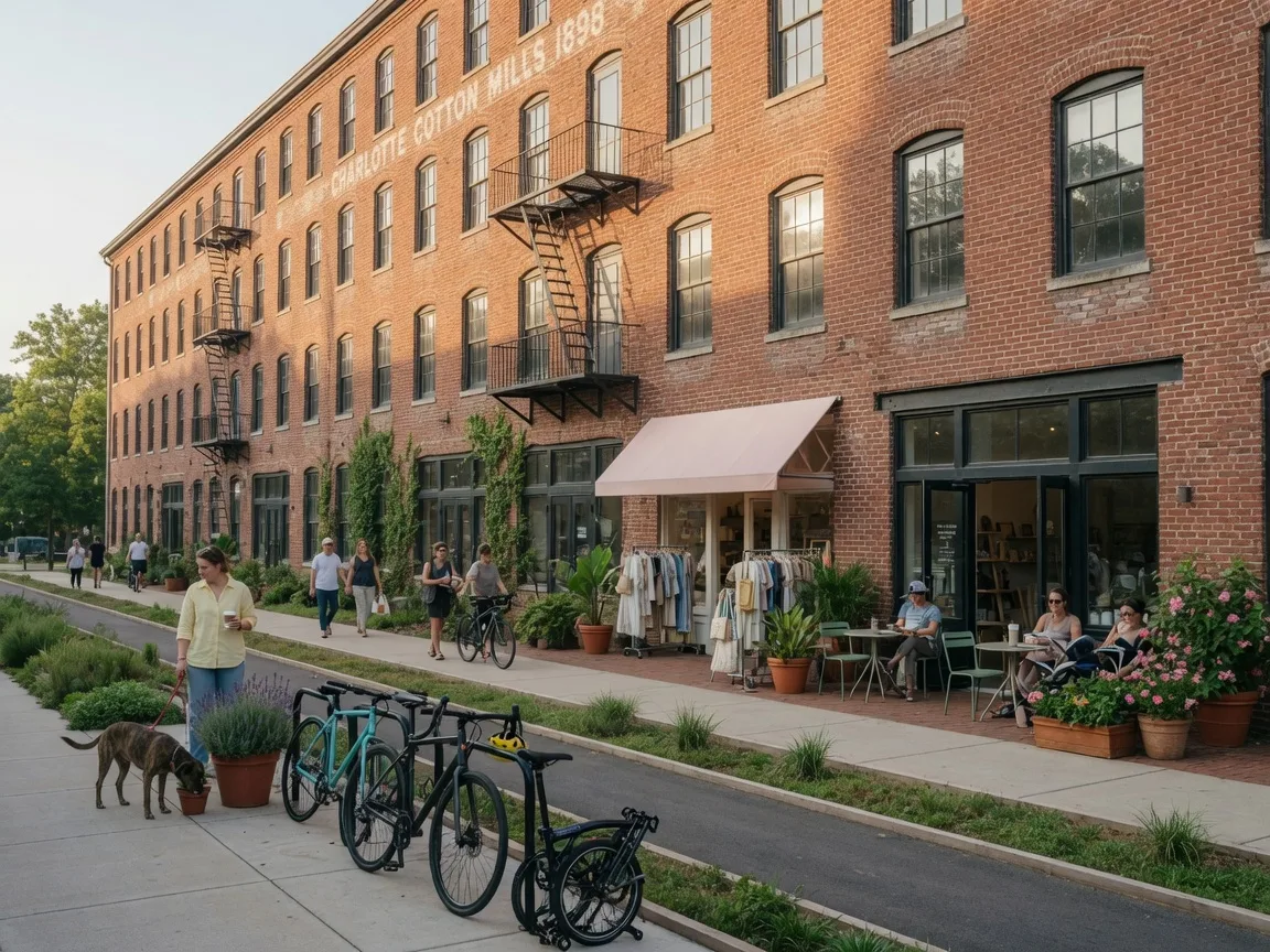 A restored red-brick cotton mill in Charlotte's South End neighborhood converted into lofts and shopfronts, with people walking past a coffee shop and bicycles along the Rail Trail greenway