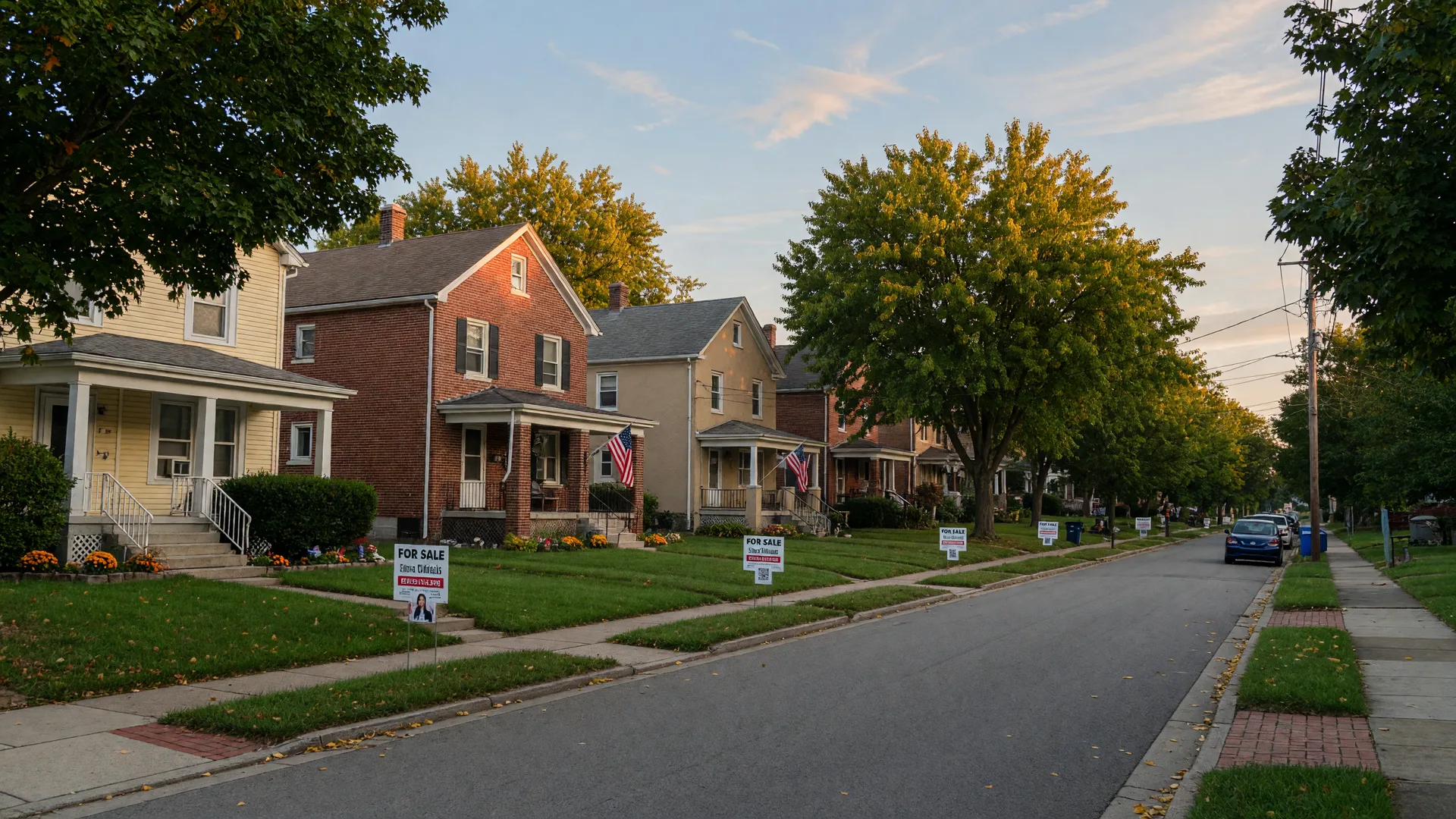 Tree-lined suburban street in Cincinnati with For Sale signs on a clear early September morning