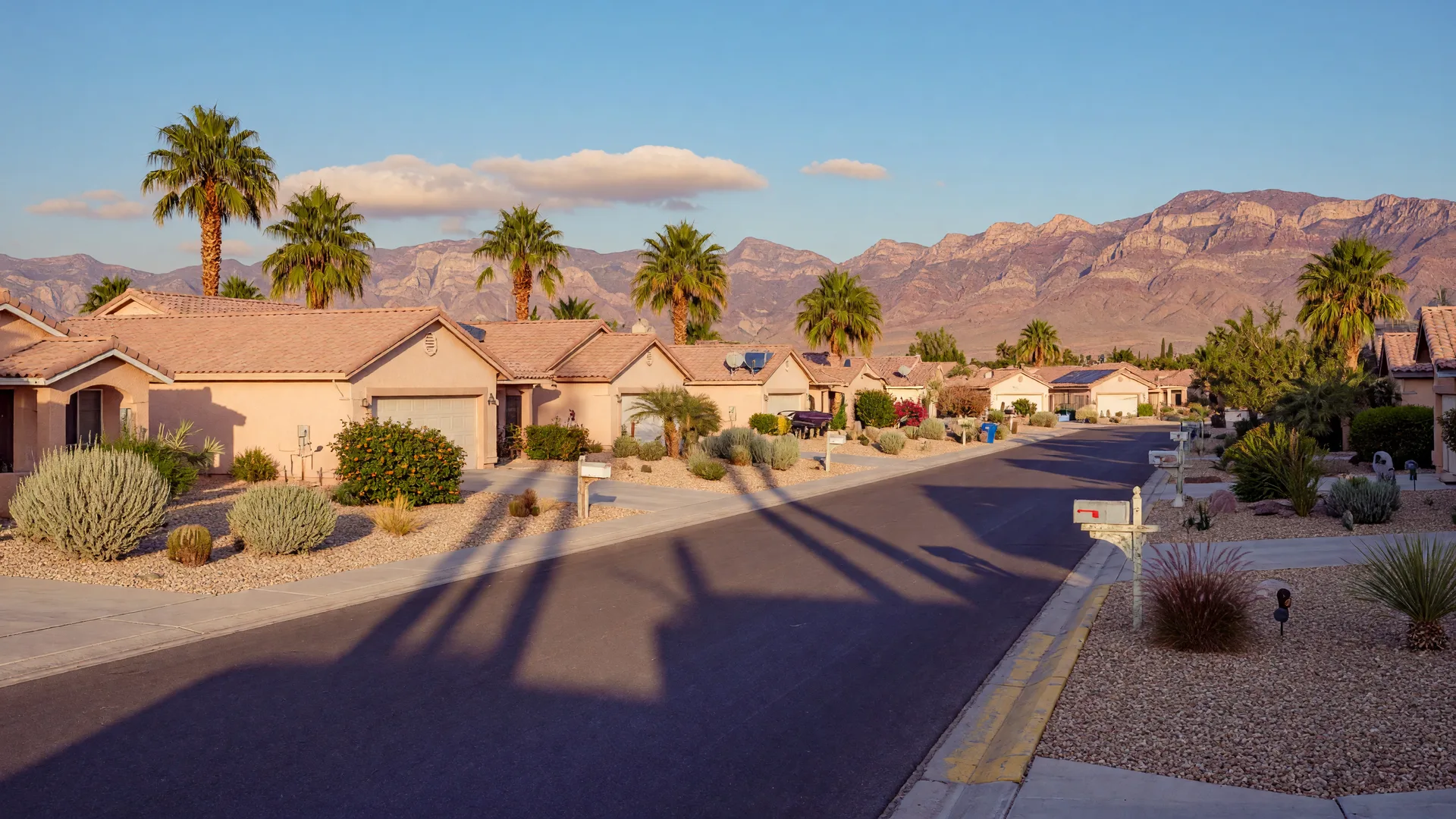 Las Vegas suburban homes and desert landscaping in warm early-September light with mountains beyond