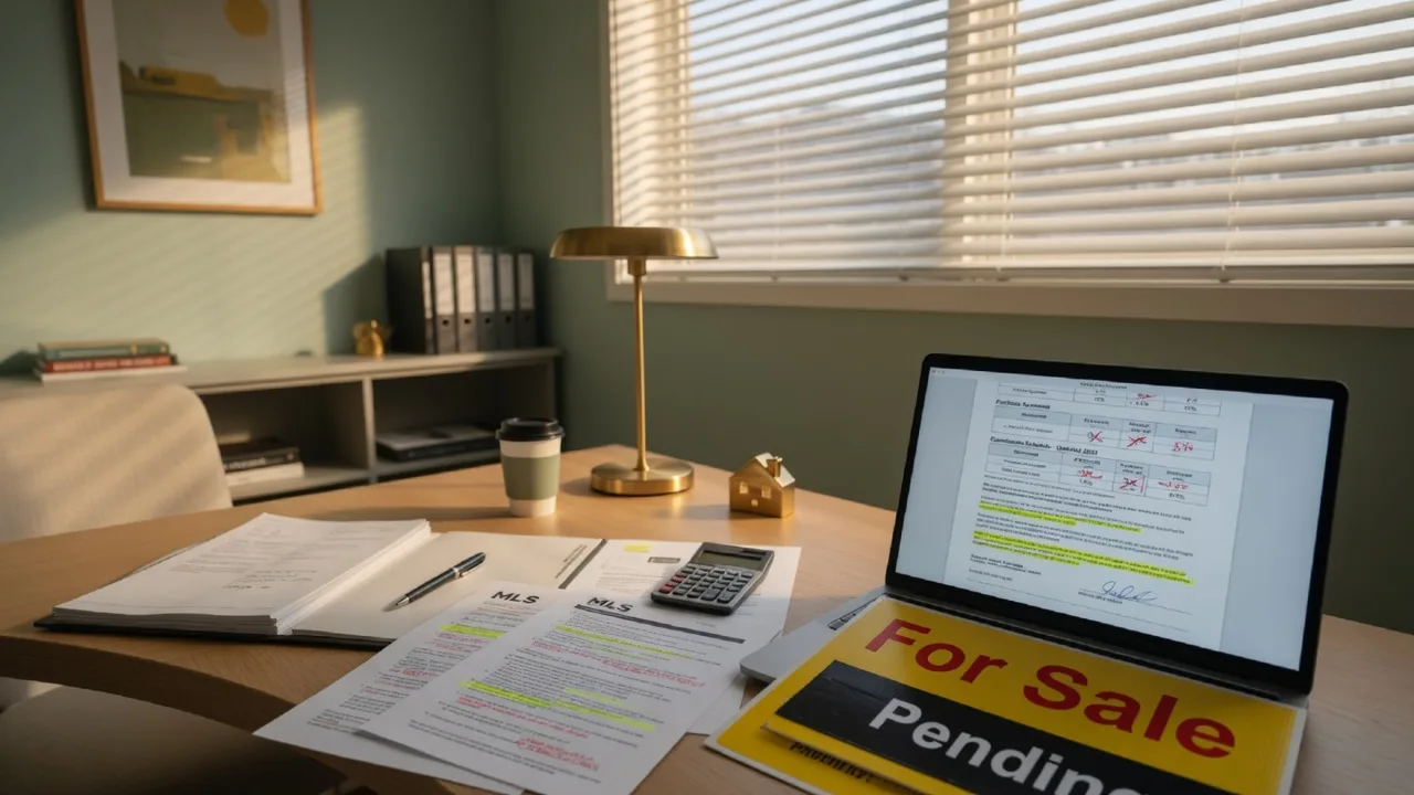 Modern real estate office with a laptop displaying real estate documents and contract details