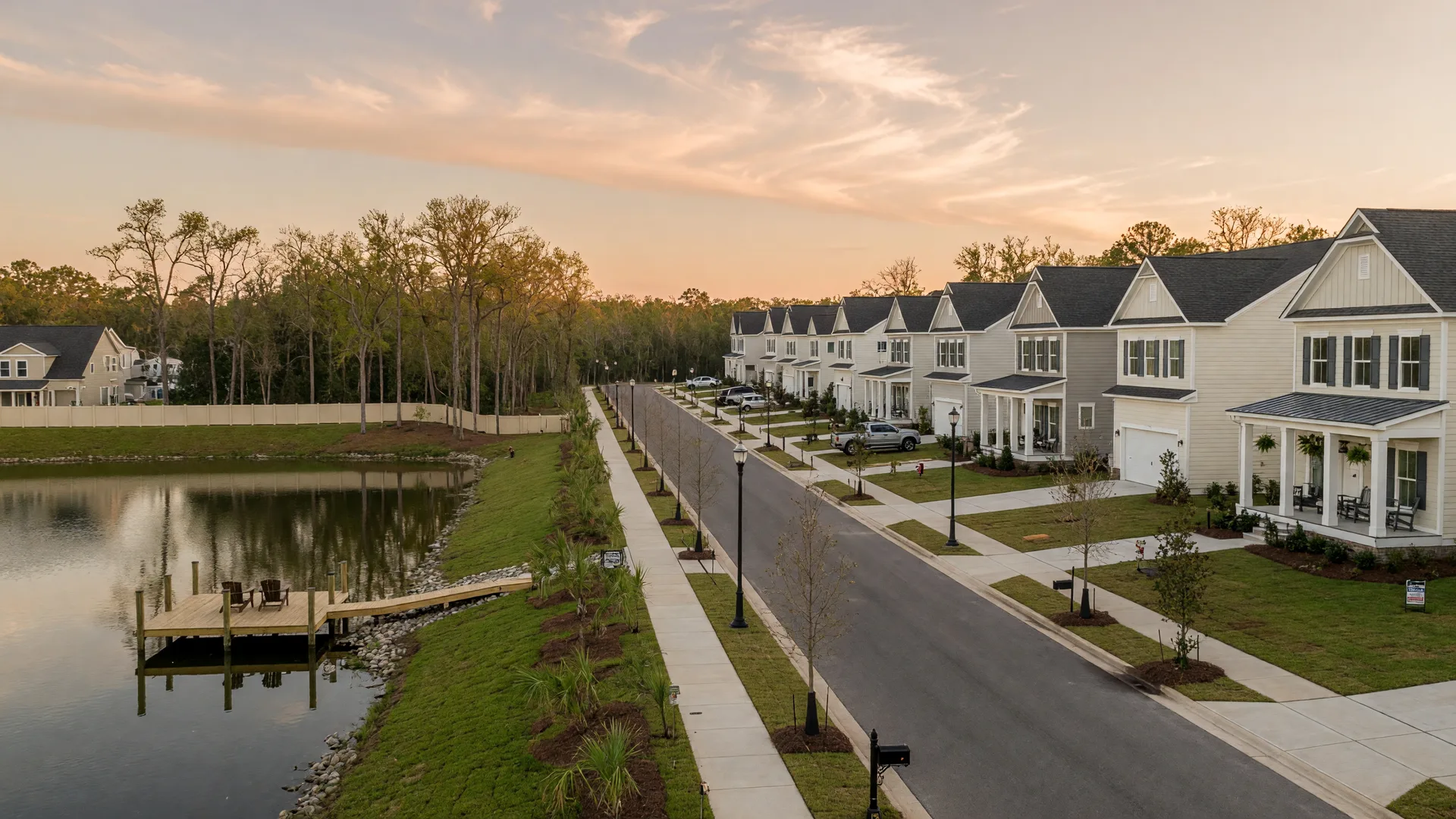 A tree-lined boulevard with new porch-front homes and a lake in a Summerville master-planned community at golden hour