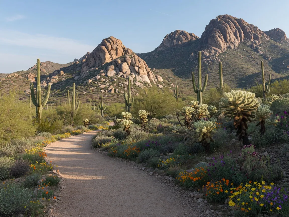 Sonoran Desert hiking trail with saguaro cacti near White Tank Mountain Regional Park