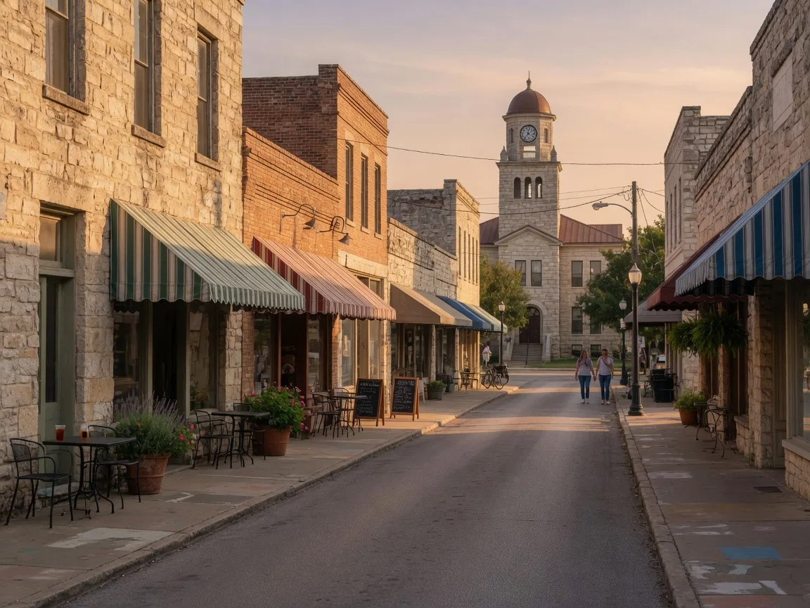 Historic limestone storefronts on the Hill Country Mile in Boerne at late afternoon