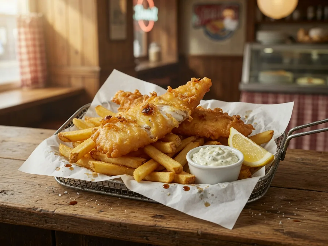 A golden-brown battered fish and chips meal with crispy fries, tartar sauce, a lemon wedge, and malt vinegar on a rustic wooden counter at Jasper Fish & Chips in Pickering
