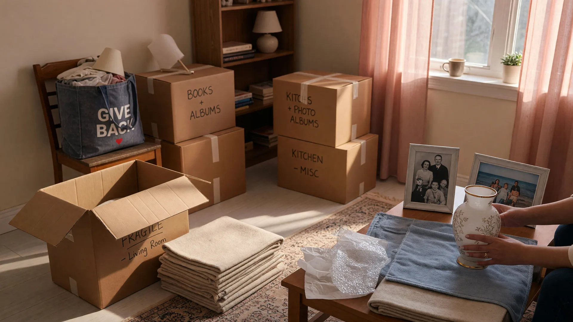 Organized moving boxes and a donation tote beside packed heirlooms in a bright living room during a calm declutter