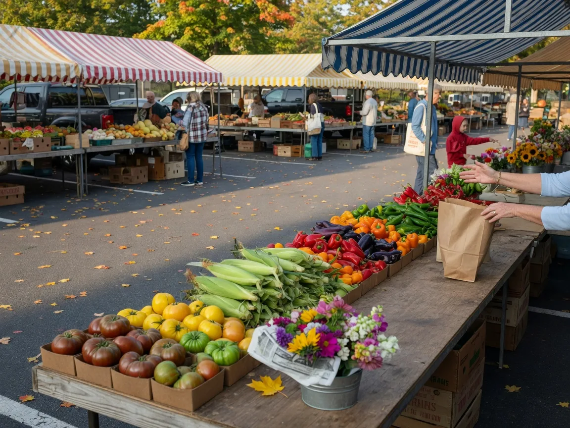 Farmers market stalls with crates of tomatoes, corn, peppers, and cut flowers under canvas awnings on a Saturday morning