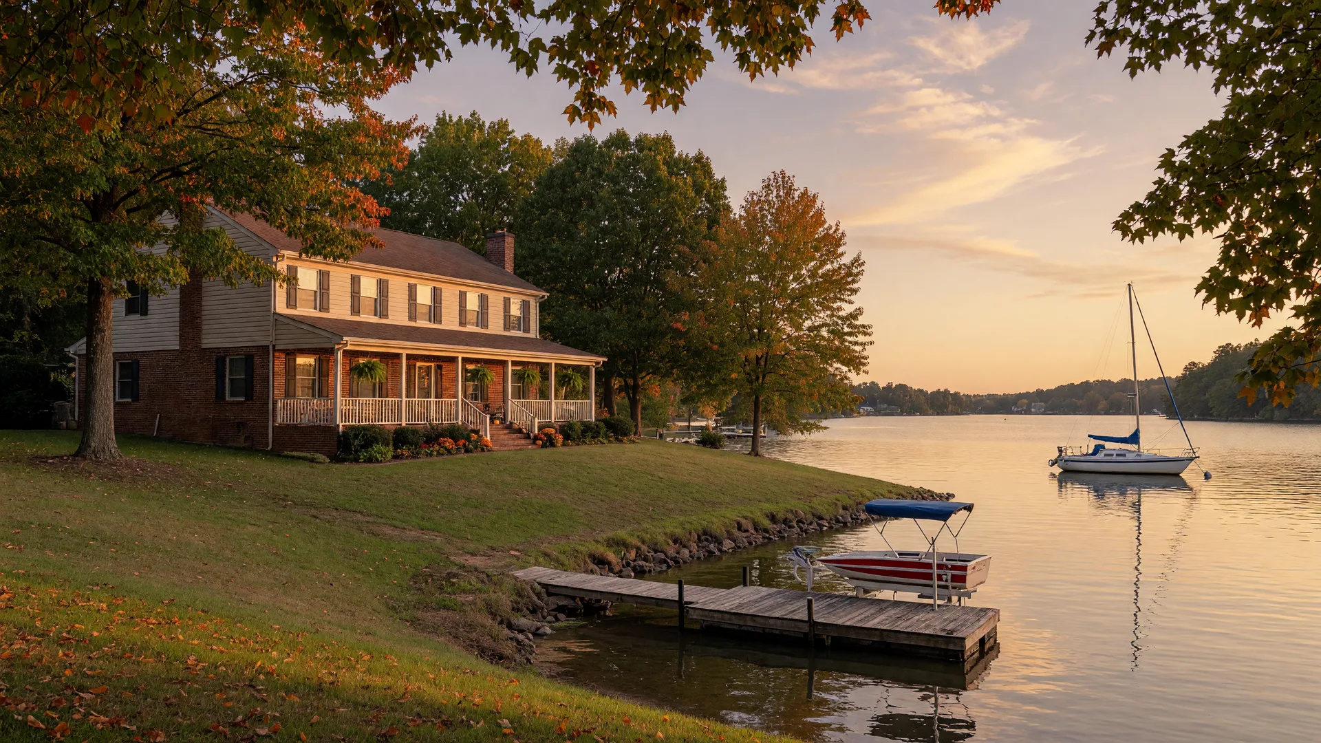 Lakeside home with a private dock on Lake Norman at golden hour in early autumn