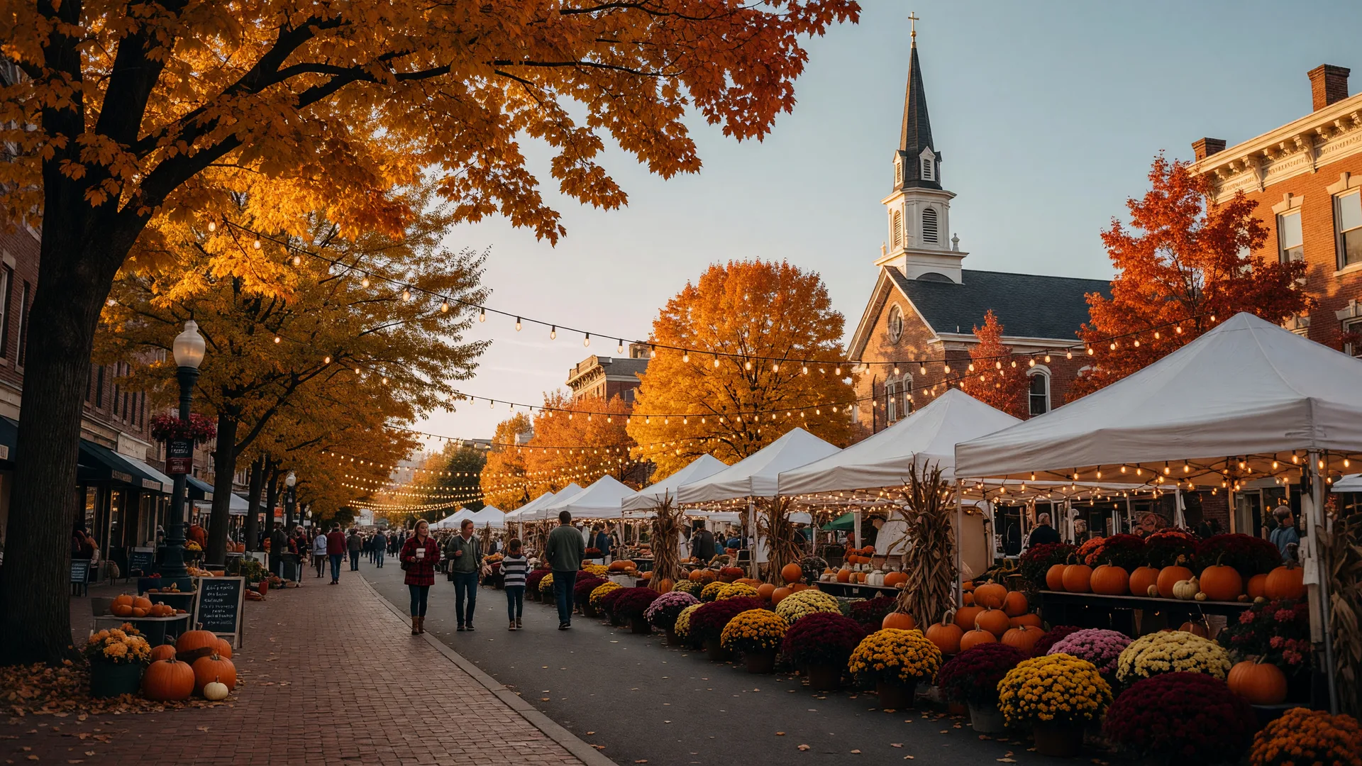 Historic Pennsylvania Main Street autumn festival at golden hour with white vendor tents, warm string lights, mums, and pumpkins under orange and gold foliage