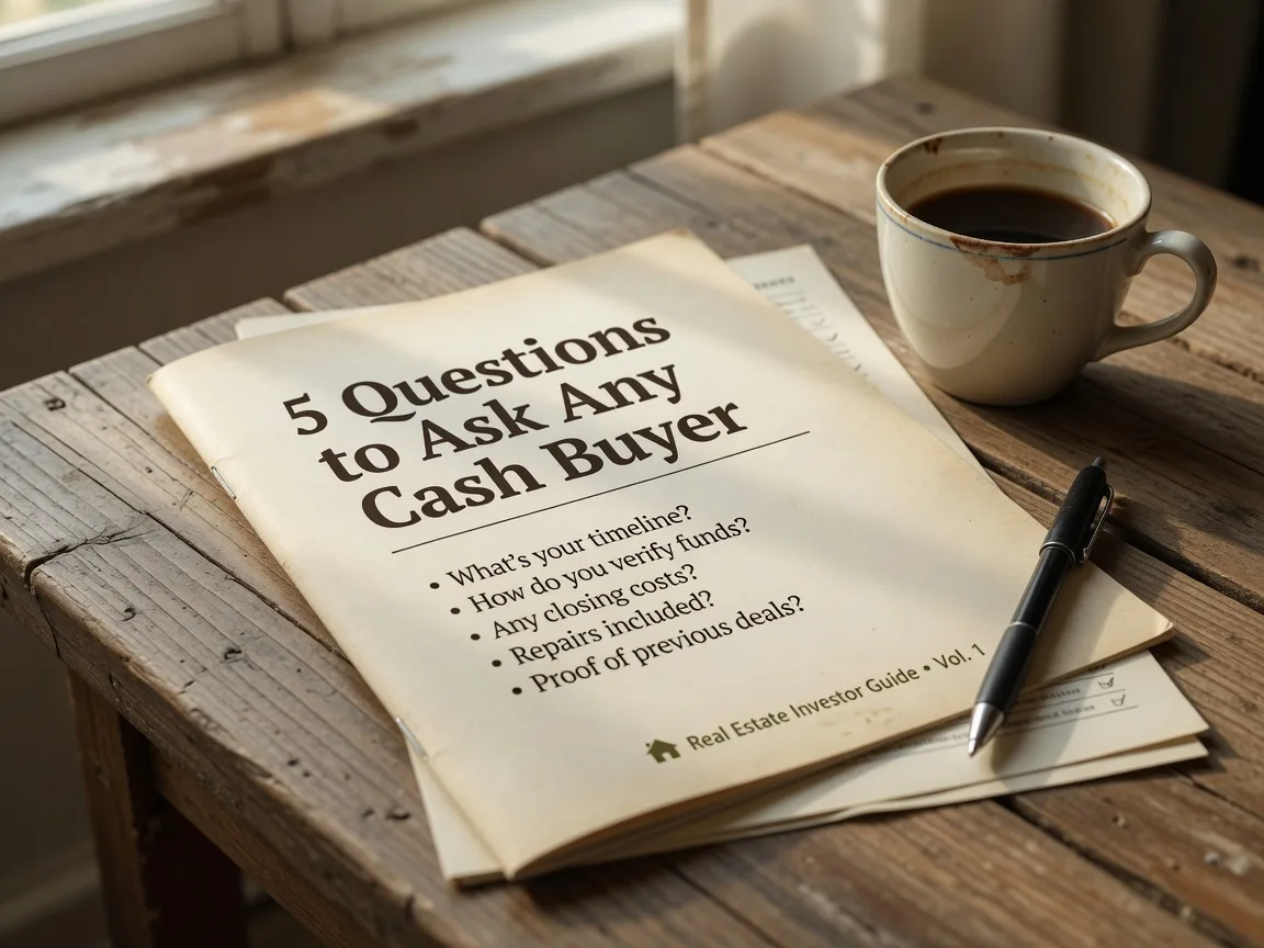 A printed checklist titled 5 Questions to Ask Any Cash Buyer resting on a wooden table