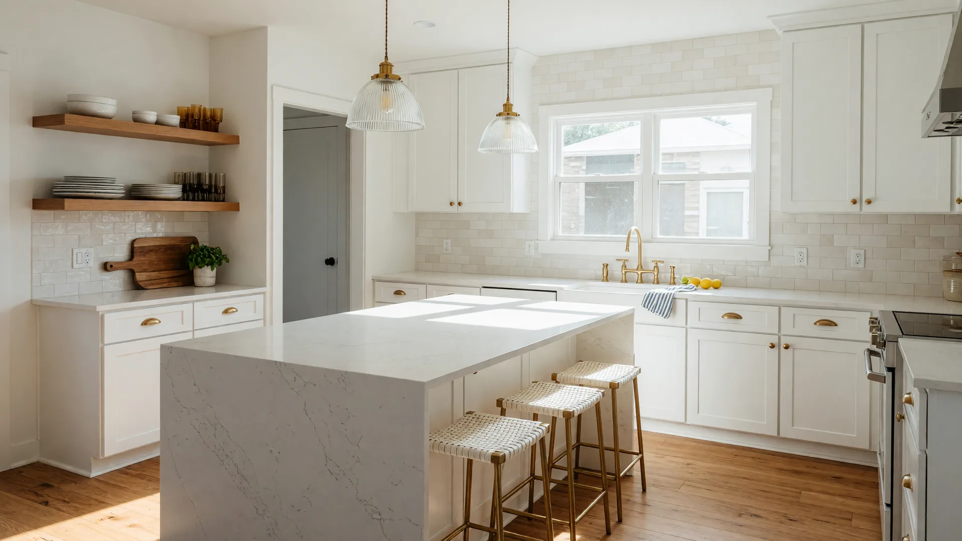 Bright modern farmhouse kitchen in a suburban Oklahoma home with white shaker cabinets, a quartz island, and brass fixtures