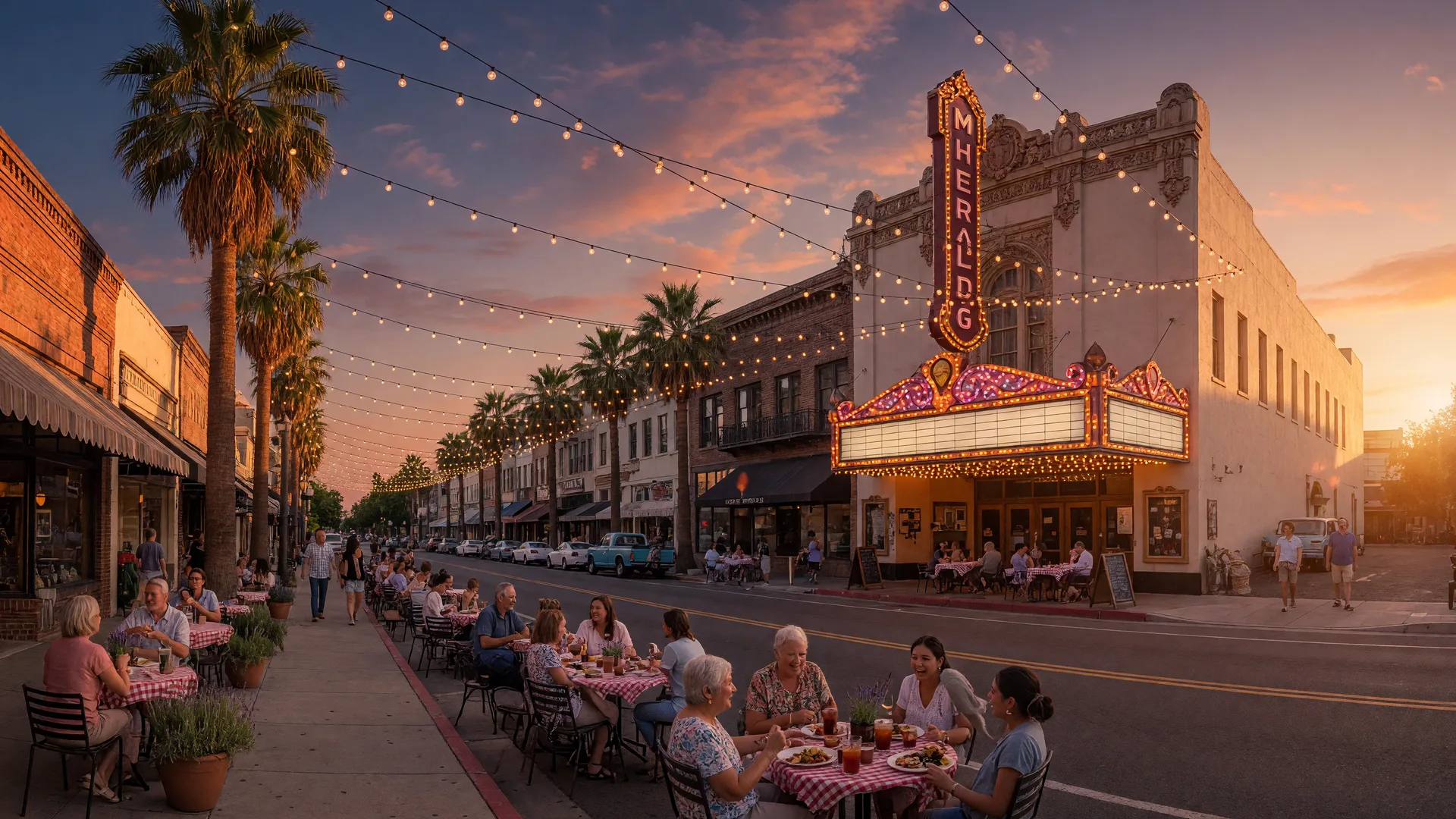 Downtown Merced Main Street on a late summer evening with the historic Merced Theatre marquee, string lights strung across the street, outdoor diners at cafe tables, and palm trees silhouetted against a warm golden sunset