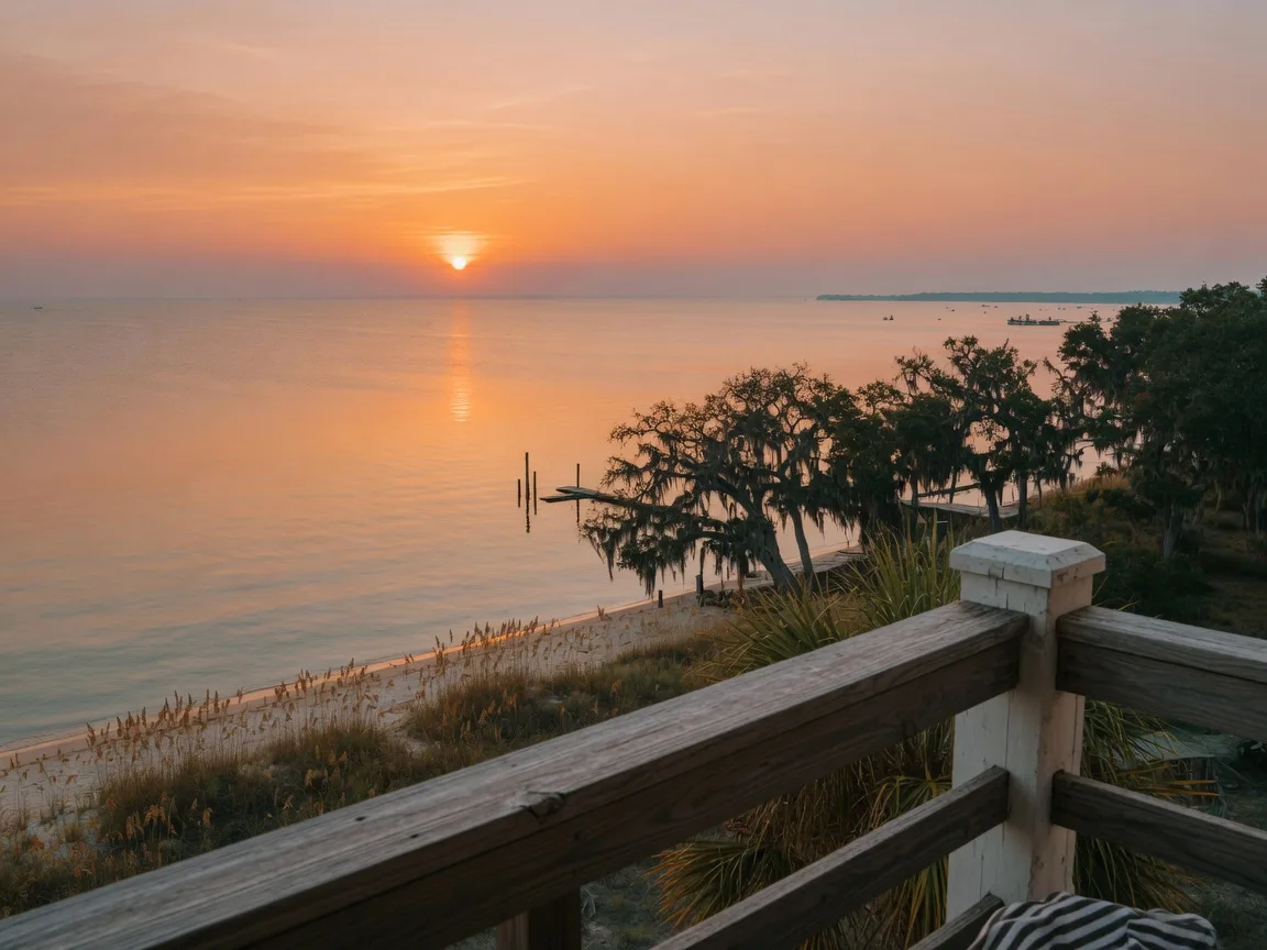 Sunset over the Mississippi Sound seen from a beachfront condo balcony, with sea oats and sand dunes below and live oaks draped in Spanish moss along the shoreline