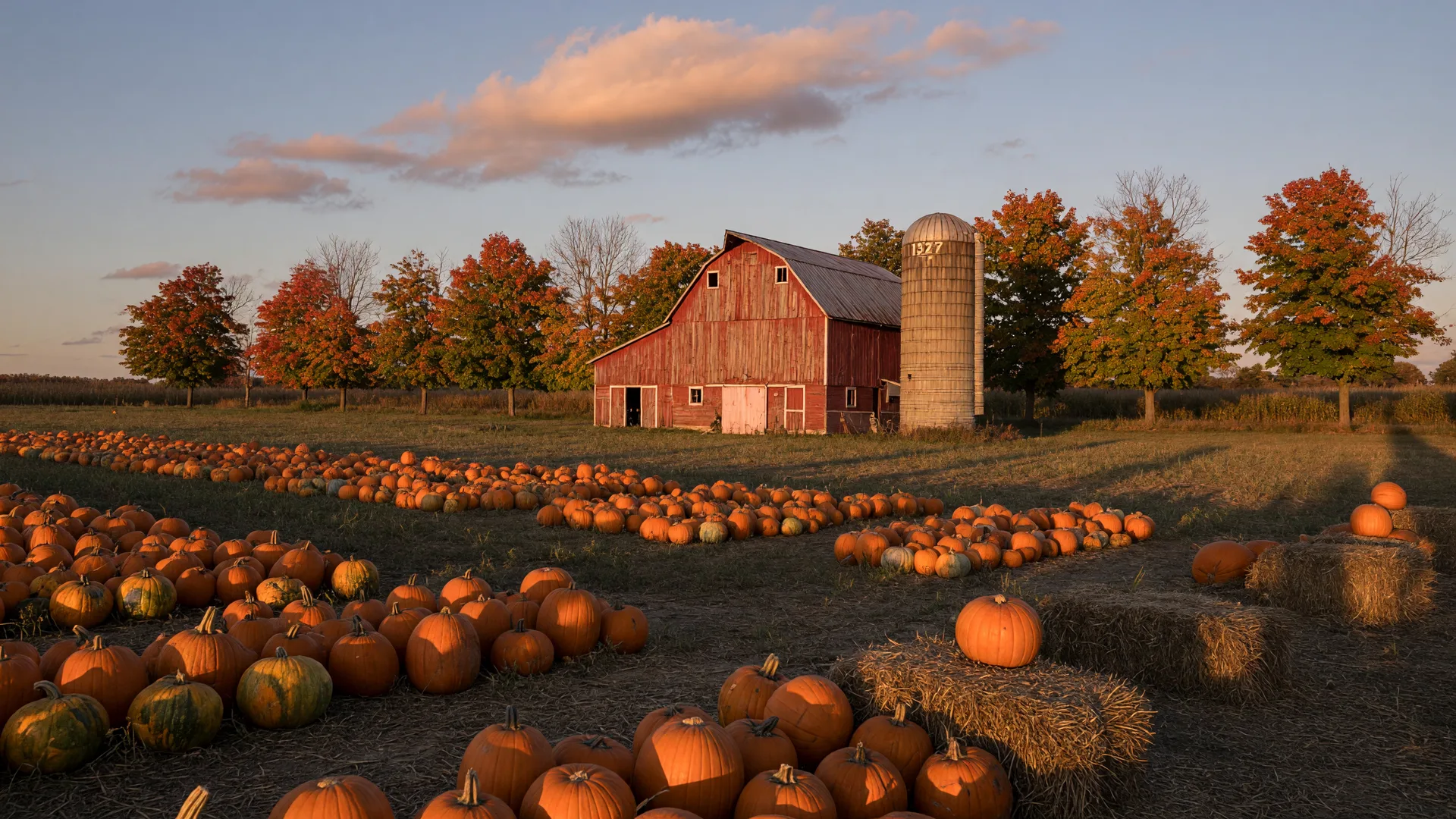 A golden-hour pumpkin patch at a Northeast Ohio farm with hay bales and a red barn, October 2026
