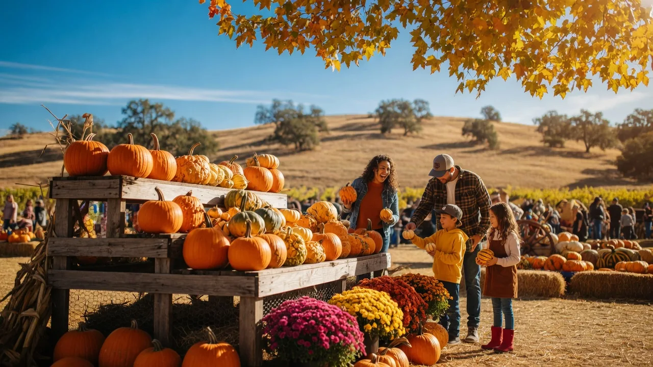 Pumpkin patch and harvest display at a fall festival in Murrieta, California