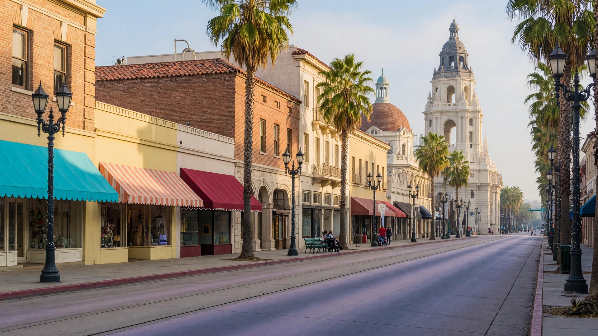Old Town Pasadena storefronts along Colorado Boulevard with the City Hall dome in the distance