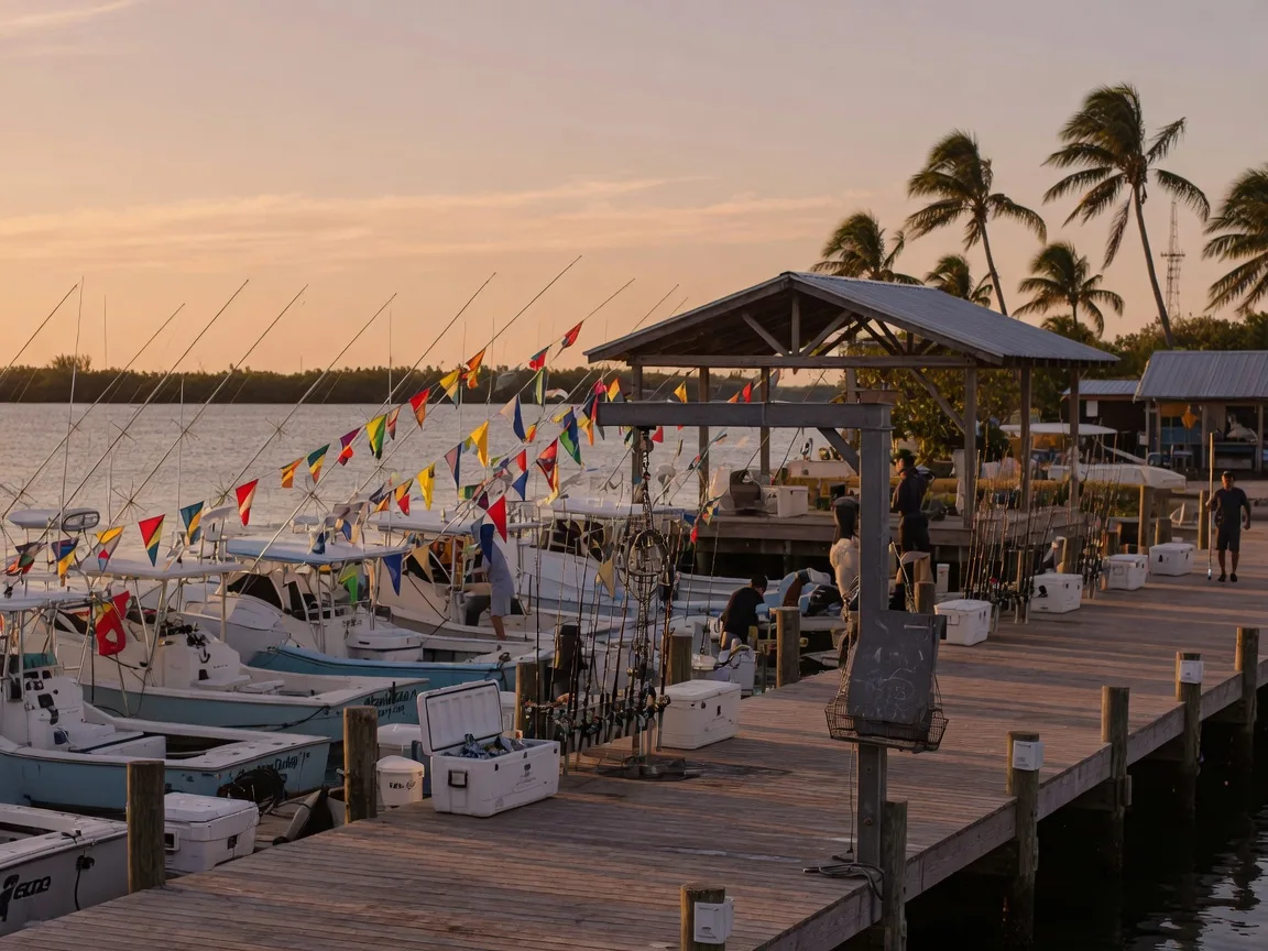 The tournament weigh-in dock of a Florida Keys fishing club in late afternoon, a line of sportfishing boats with pennant flags, an open-air pavilion sheltering a large hanging scale, rod racks and coolers along the rails, palms against a low island skyline