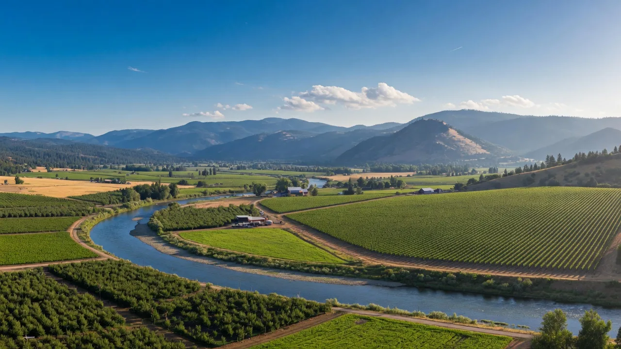 Sunny summer morning over the Rogue Valley, with the river curving through green farmland toward blue mountains
