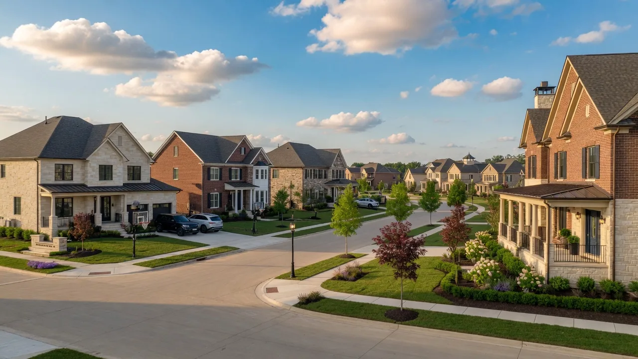 New construction luxury traditional and transitional homes in Carmel, Indiana with manicured landscapes and mature trees