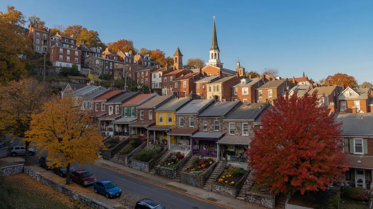 Manayunk hillside homes and streetscape with autumn colors and historic architecture
