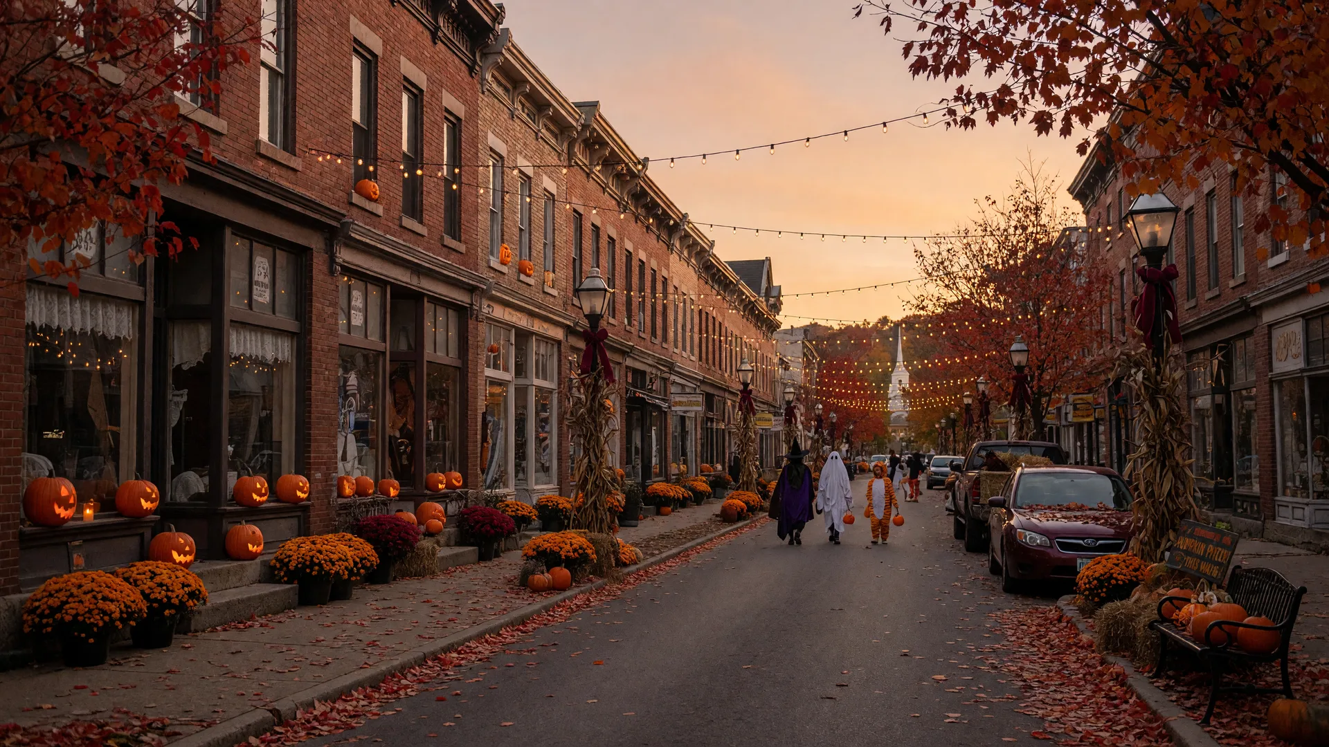 Historic Pennsylvania downtown main street in late October at golden hour, strung with warm lights and decorated with pumpkins, mums, and carved jack-o'-lanterns for Halloween
