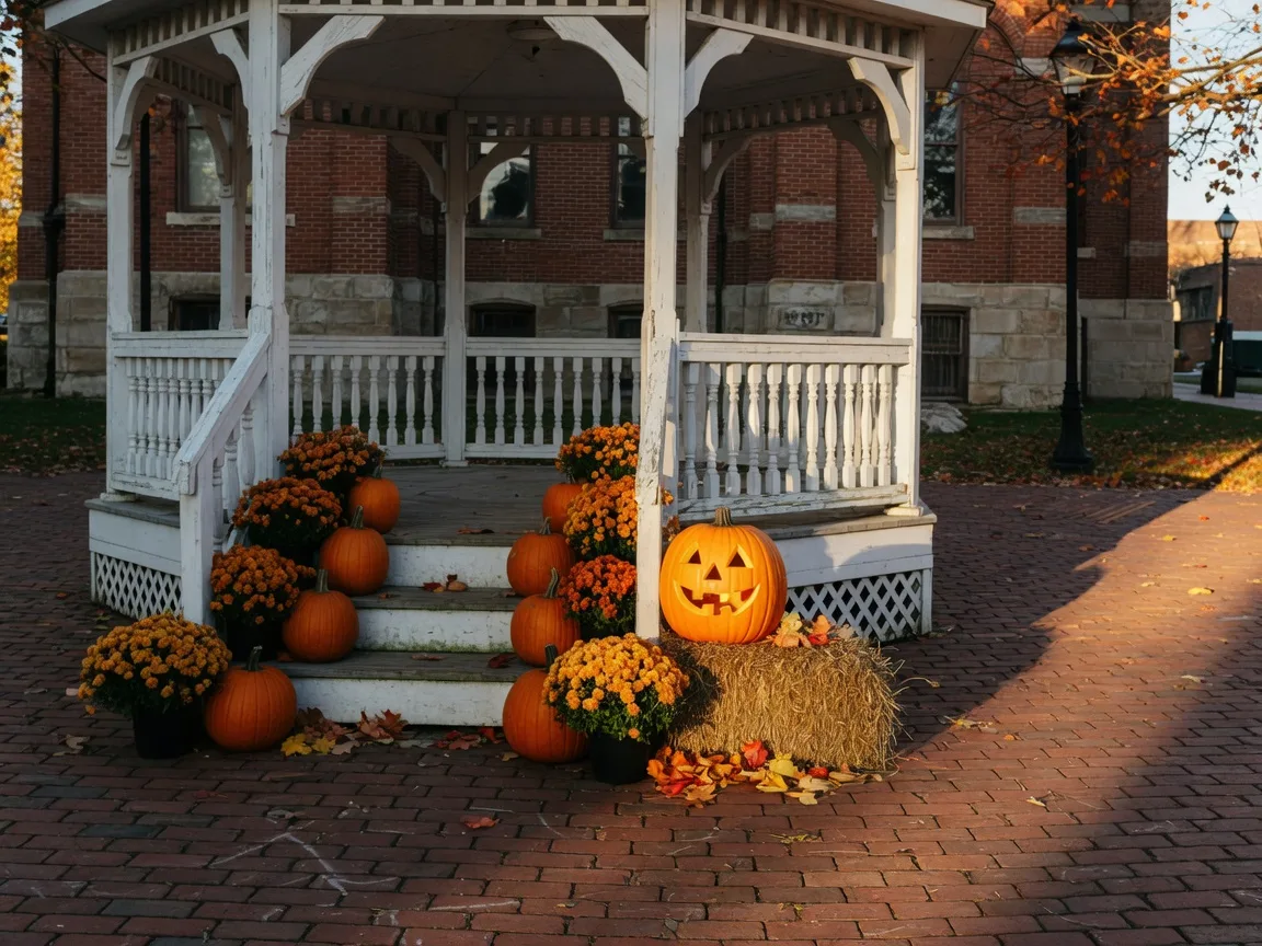 Historic Medina Public Square with a white gazebo, pumpkins and mums at its base, and a glowing jack-o'-lantern on a hay bale in warm October afternoon light