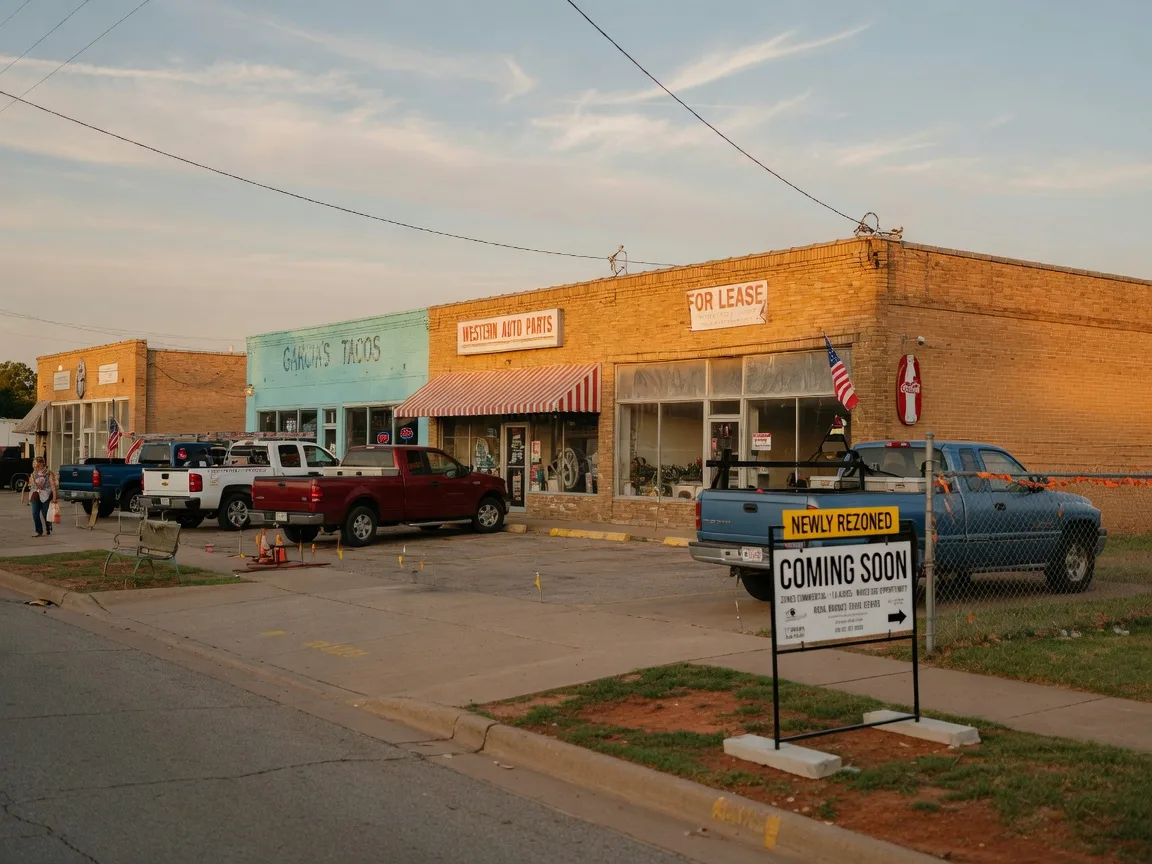 Commercial corridor in a small North Texas town with storefronts and a real estate sign in golden hour light