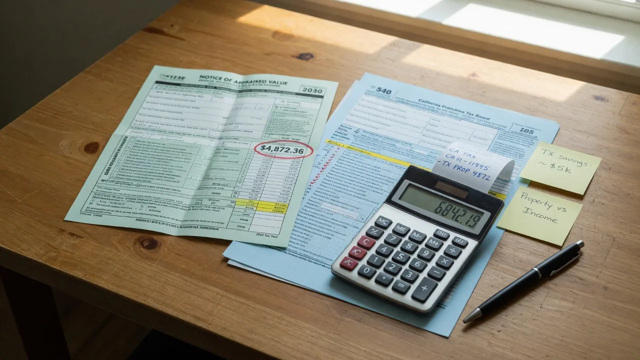 A professional desk scene with Texas property tax bill, California state income tax form, calculator, and pen on a warm wooden desk symbolizing tax burden comparison