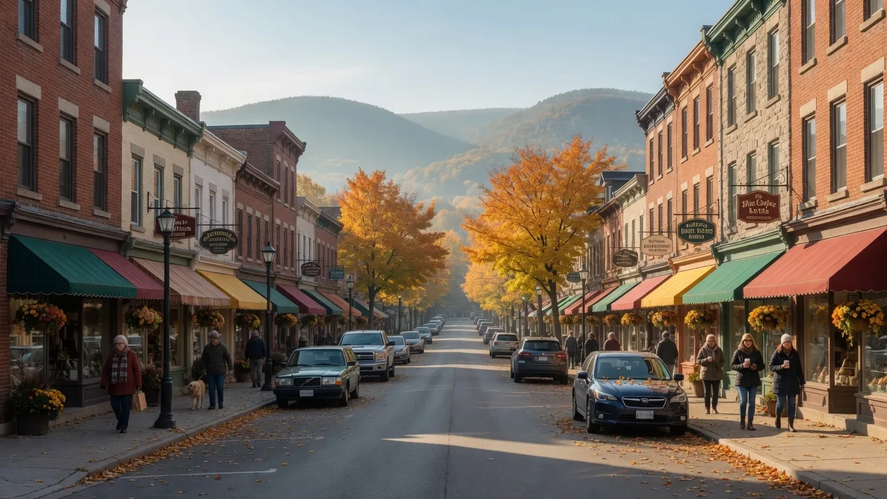 Historic heritage brick storefronts along Brock Street West in downtown Uxbridge, Ontario on a crisp late October morning, with golden sugar maples in autumn colour and the rolling hills of the Oak Ridges Moraine at the end of the street