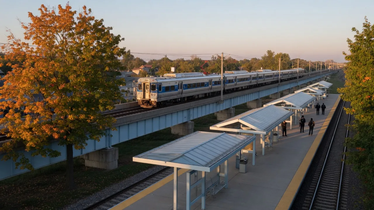 South Shore Line commuter rail train gliding along the new Monon Corridor at a Munster, Indiana station platform on an early autumn morning