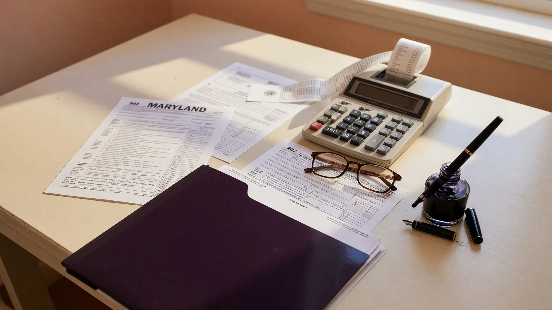 Tax documents, a calculator, and a fountain pen on a desk, representing Maryland probate and inheritance taxes