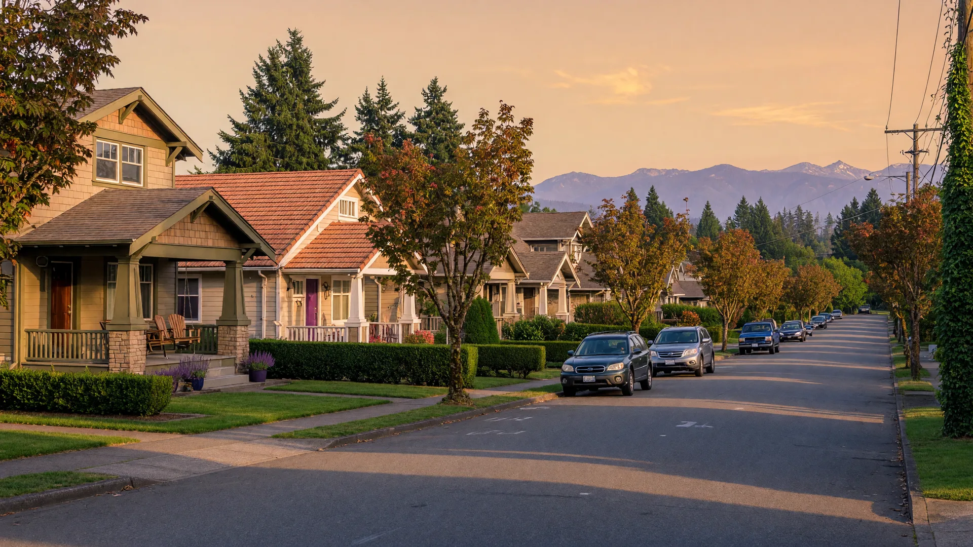 Quiet tree-lined residential street in a Pacific Northwest suburb at golden hour
