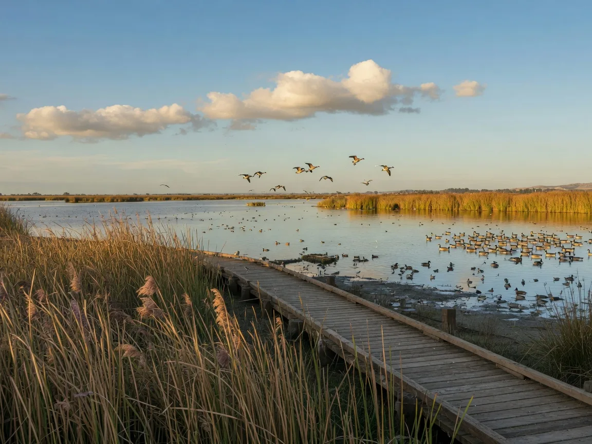 Merced National Wildlife Refuge near Winton, California, showing wetlands with migratory birds, reeds, and walking trails under a wide blue sky