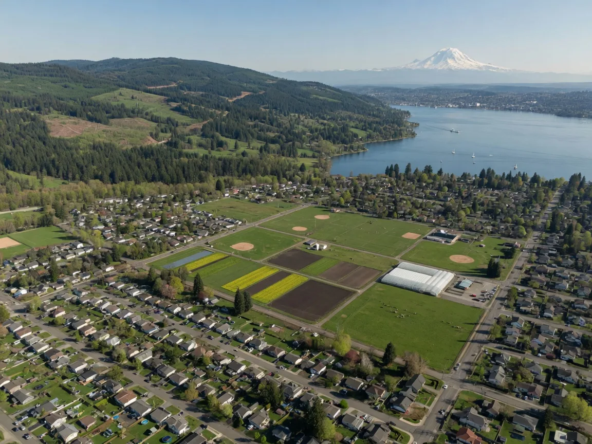 Aerial view of suburban South King County, Washington with the Cascades foothills and Mount Rainier on the horizon