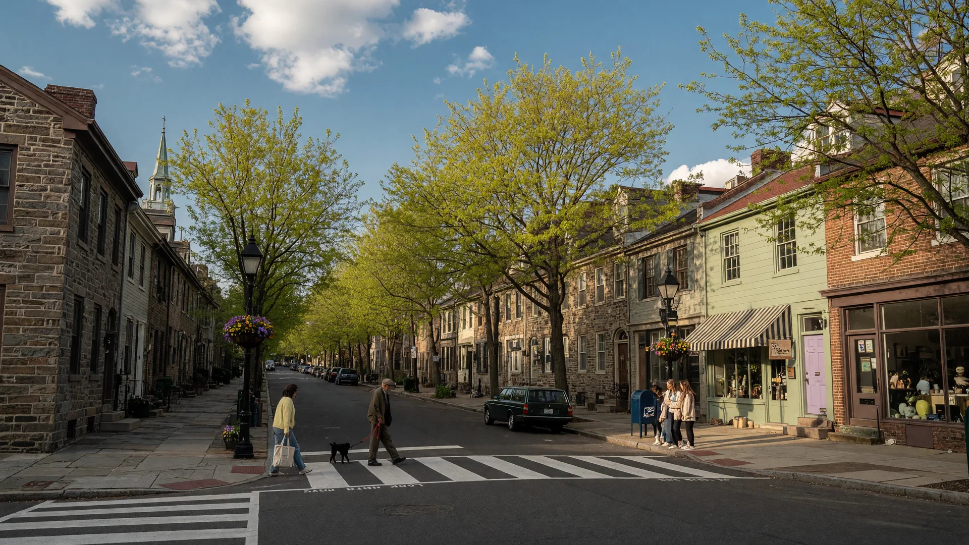 Chestnut Hill Germantown Avenue with historic stone shops and tree-lined streets in Philadelphia