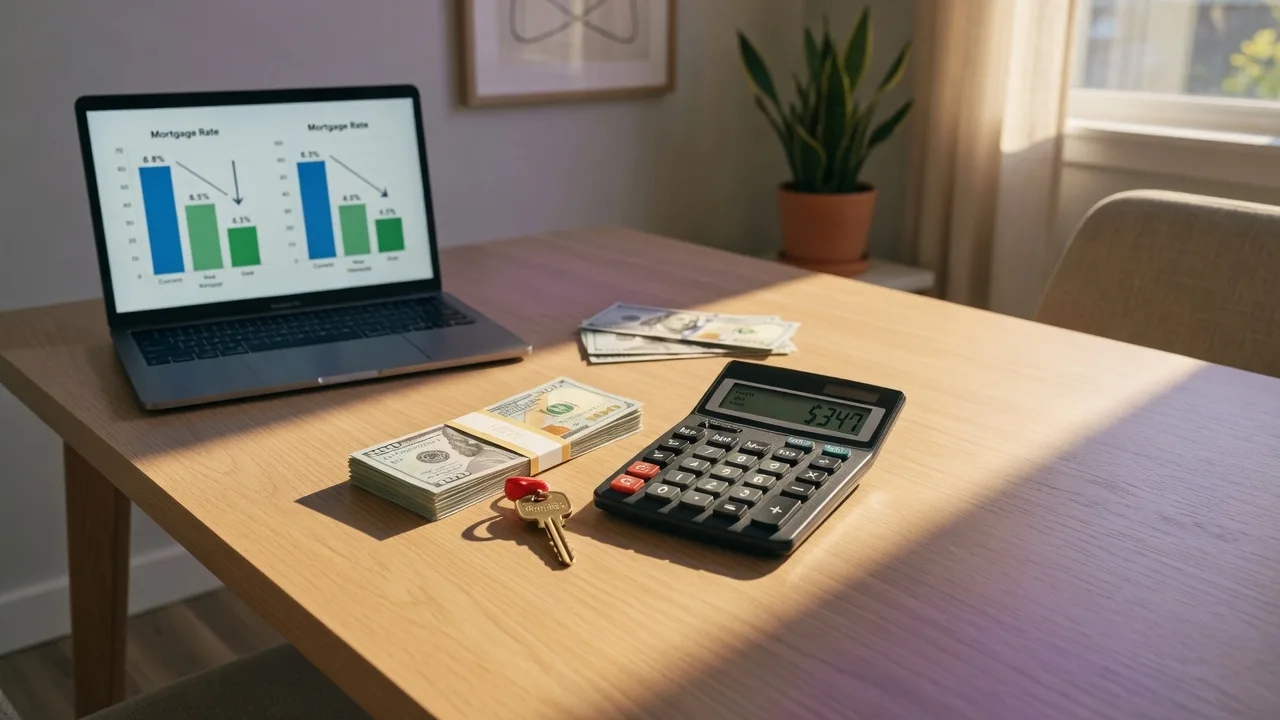 Mortgage refinance concept with calculator, house key, and dollar bills on a wooden desk