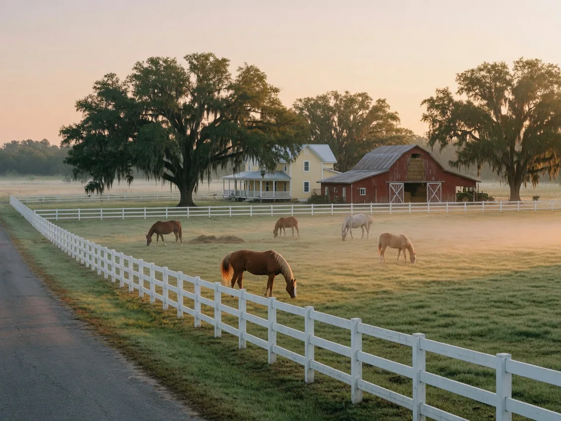 Equestrian countryside in Southwest Ranches with white board fencing and horses grazing in green pastures under live oaks