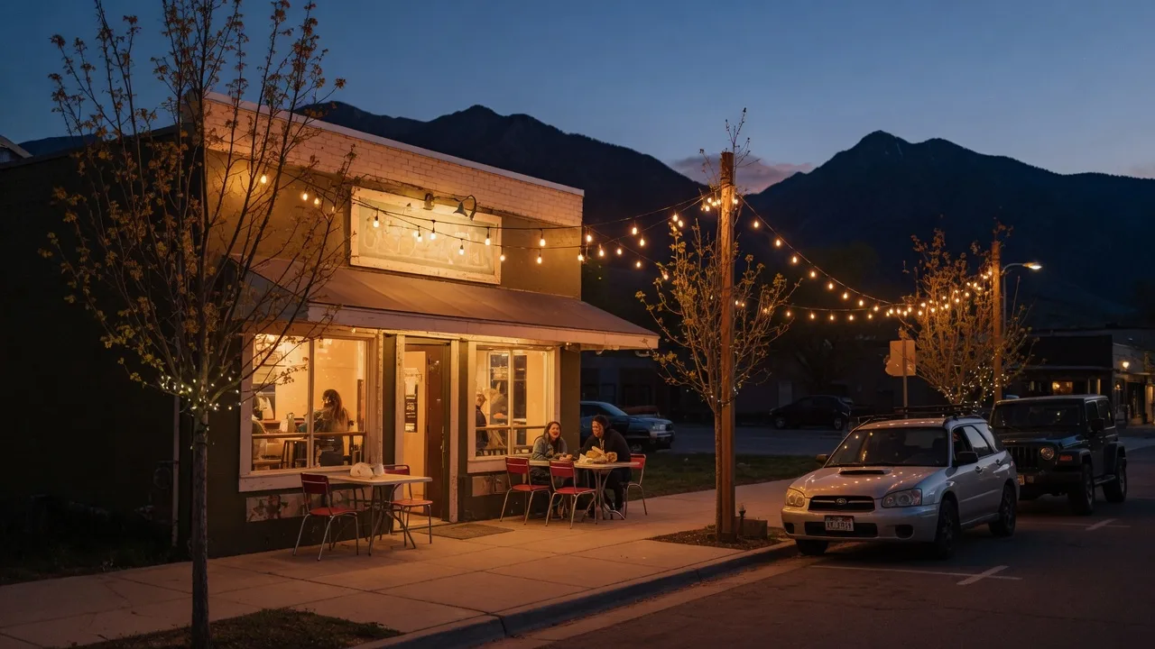 Cozy burger joint exterior at twilight in Herriman, Utah